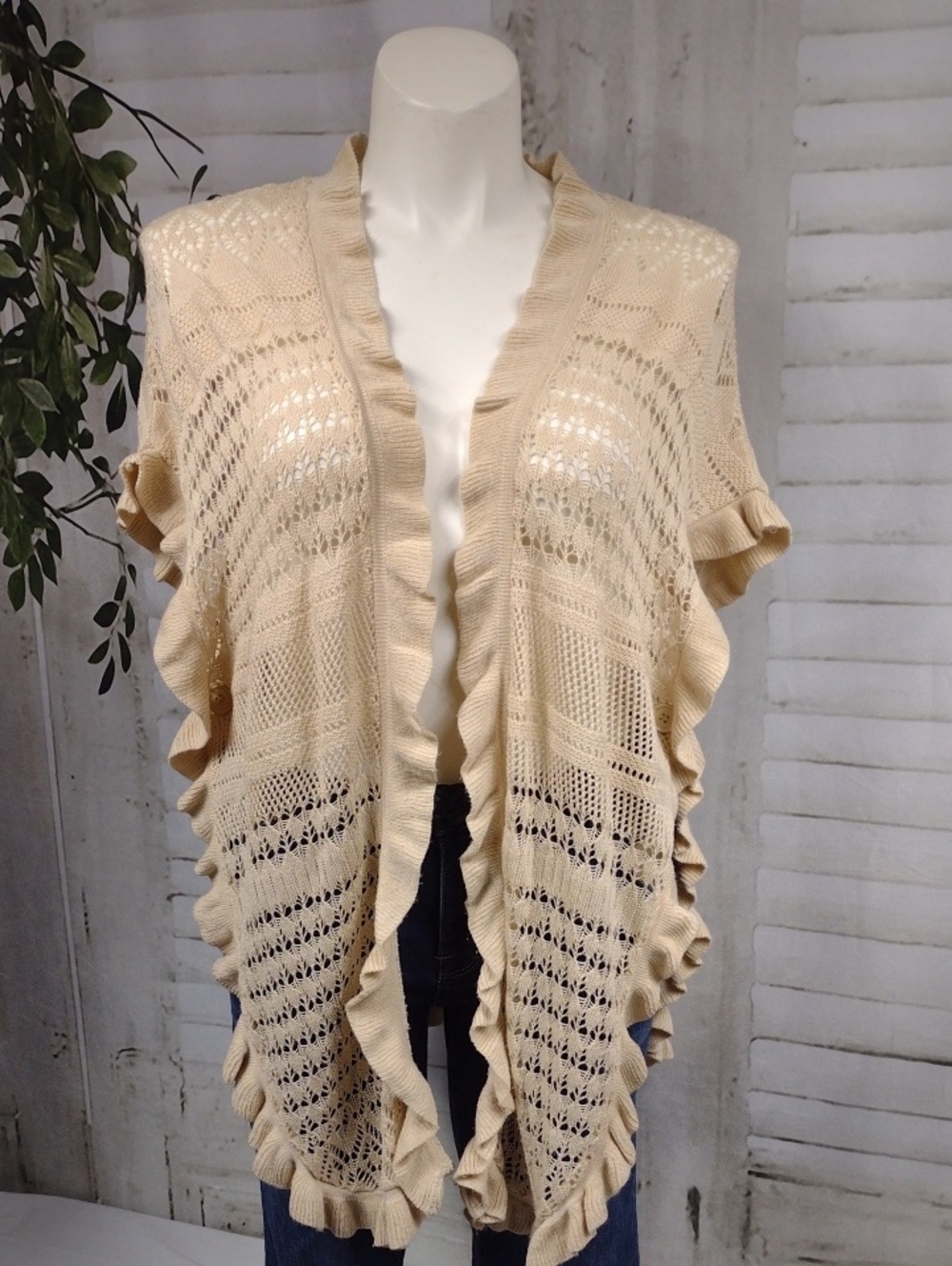 Joseph Cream Open-Knit Ruffle-Trim Vest Cardigan Sweater Size XL